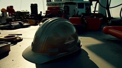 Poster - Safety helmet sitting atop ship deck, surrounded by maritime equipment with expansive ocean horizon stretching across sunlit background, representing seafaring workplace environment
