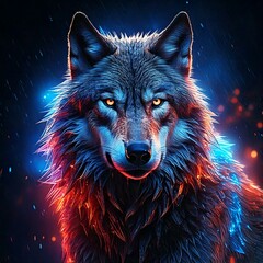  A powerful, glowing full-body wolf with blue and red sparks and rain decorations.