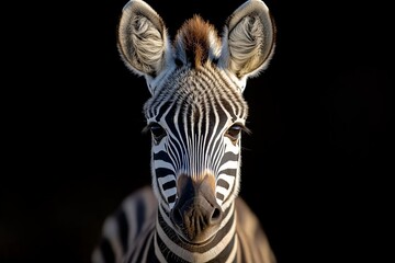 Poster - Close-up of a zebra showcasing striking black and white stripes in natural light against a dark background