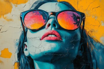 Poster - Bright urban mural showcasing a woman with colorful sunglasses in a lively city setting