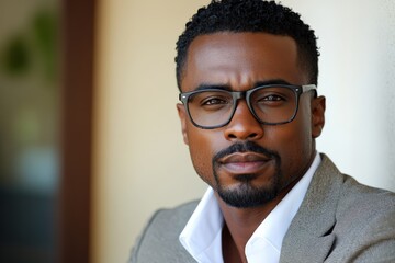 Confident man in glasses poses in stylish attire against a blurred background in bright daylight