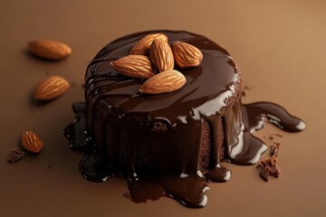 Wall Mural - Chocolate cake with almonds and chocolate glaze on brown background