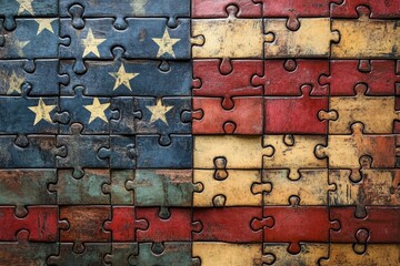 Poster - Unique jigsaw puzzle combining colors and symbols of the American and Spanish flags arranged in a creative pattern