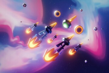 Poster - Stylized spaceships soar through a vibrant nebula, leaving fiery trails in their wake.