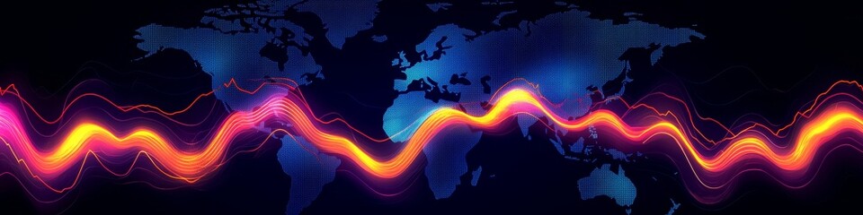 Poster - Vibrant Global Stock Market Data Visualization with Curved Lines on a Dark Blue World Map
