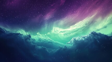 Poster - Ethereal cosmic vista, Emerald nebulae beneath a violet starry expanse