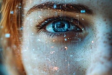 Fototapete - Digital transformation reflected in a young woman's eye with abstract technology elements in a modern setting