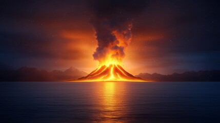 Canvas Print - A volcano erupts lava into the ocean at night