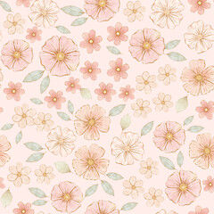 Wall Mural - Small delicate hand drawn pink flowers on  beige