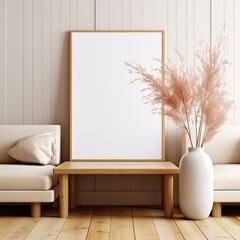 Poster - elegant mockup frame displaying blank canvas in minimalist interior with soft textures and decorativ