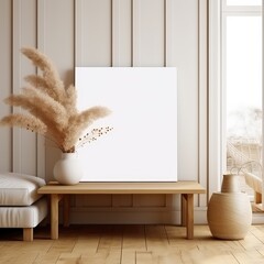 Poster - Minimalist Interior Featuring Blank Mockup Frame with Natural Decor and Cozy Furniture, Ideal for Home Design Inspiration and Artwork Display