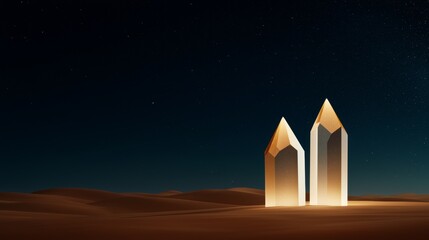 Canvas Print - A couple of white obelisks in the middle of a desert at night