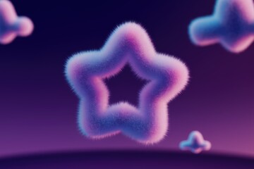 Poster - A fluffy, purple and blue star shape floats against a dark background, surrounded by smaller cloud-like shapes.