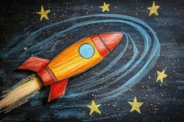 Aufkleber - Colorful rocket launches into swirling stars against a dark background in a vibrant illustration