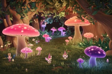 Aufkleber - Enchanted glowing mushroom forest with fairies and magical creatures.
