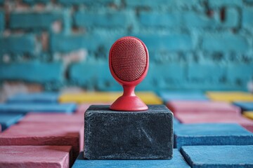 Poster - Bright red microphone stands out on colorful blocks in artistic display