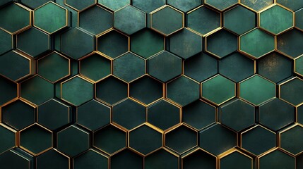 Canvas Print - Emerald Green Hexagon Pattern Deeply Textured Gold Accents. AI Generated