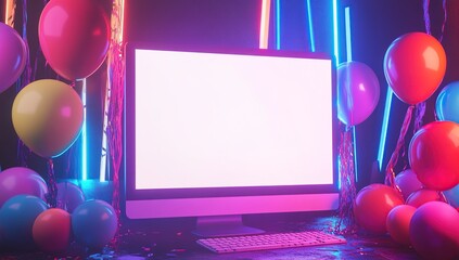 Aufkleber - Vibrant Neon Lights Illuminate Computer Screen Celebration with Balloons, Keyboard, and Confetti