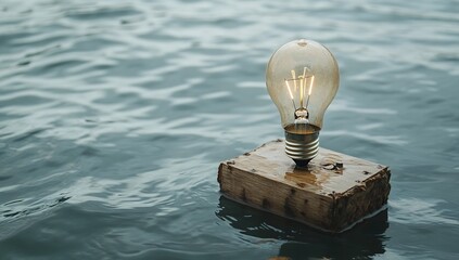 Poster - Illuminating Ideas: A Glowing Bulb Floats on Water, Symbol of Inspiration and Creativity, Serene Scene.