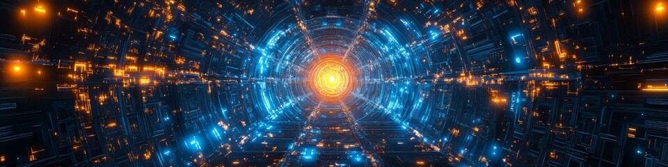 Poster - Futuristic Circuit Board Tunnel, Symmetrical Design With Blue And Orange Glowing Lines, High Detail