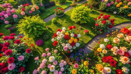 Wall Mural - Aerial View of Vibrant Colorful Rose Garden - Drone Photography