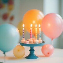 Poster - Colorful birthday celebration with glowing candles and vibrant balloons on a beautifully arranged table. Generative AI