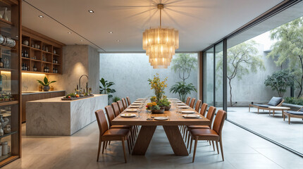Wall Mural - a large dining table with many chairs around it