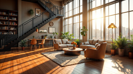 Wall Mural - a large living room with a staircase leading up to a second floor