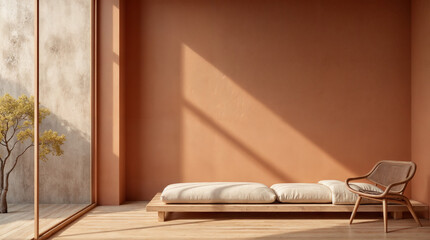 Wall Mural - a room with a tan wall and a wooden chair