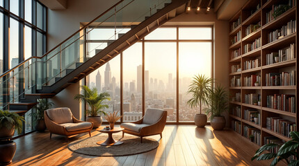Wall Mural - a staircase leads to a room with a large bookcase