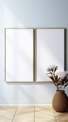 Poster - modern home interior with empty frames on wall and stylish vase with plants for interior design mock