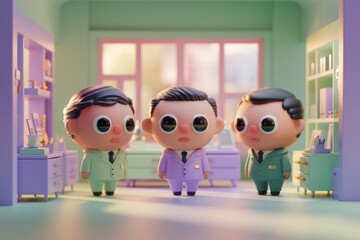 Poster - Three cute cartoon businessmen stand in a pastel-colored office, looking serious and professional.