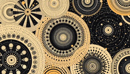 various circular designs, each with a unique arrangement of dots and lines, creating a visually stri