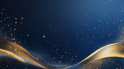Poster - Golden wave of sparkling light over a dark blue background, symbolizing celebration, luxury, elegance, and festive events, with shimmering lights and particles.