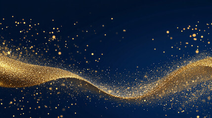 Poster - Golden glitter particles swirling against a dark blue background, creating a dynamic, elegant, and celebratory atmosphere. The image symbolizes luxury, magic, and festive moments.