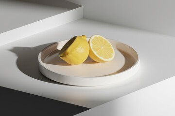 Poster - A whole and a half lemon on a minimalist beige plate, bathed in soft light.