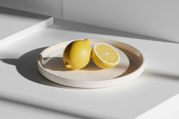 Poster - A whole lemon and a lemon half rest on a beige plate against a minimalist white background.