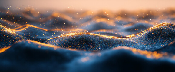 Poster - A close-up image of sparkling waves, with golden light reflecting on the surface, symbolizing beauty, fluidity, and energy in a peaceful natural setting.