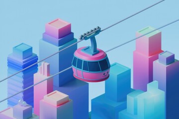 Aufkleber - A cute cartoon cable car glides over a pastel-colored cityscape.