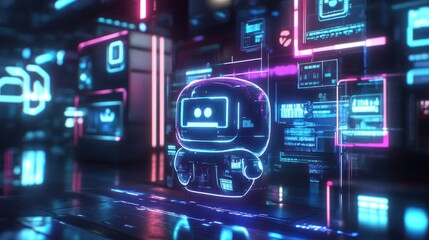 Leinwandbilder - Futuristic Robot in a Neon Lit Cyberpunk Cityscape with Data Displays