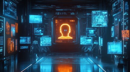 Leinwandbilder - Futuristic interface with humanoid avatar in a high-tech command center