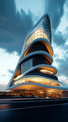 Aufkleber - A futuristic building with curved architectural design and glowing lights at dusk, showcasing a modern urban structure with innovative style and sleek lines.