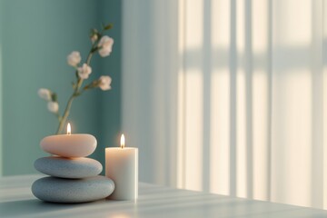 Aufkleber - Relaxing spa setting with tranquil massage stones and gentle candlelight for a peaceful atmosphere. Generative AI