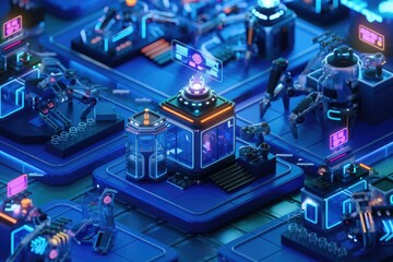 Poster - Futuristic robotic factory with neon lights, showcasing advanced automated systems and a central control station.