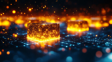 Poster - glowing cube of energy particles on a futuristic digital grid. ideal for tech, ai, data, innovation,