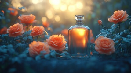 Wall Mural - Sunset Rose Garden Perfume Bottle