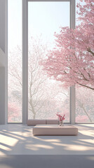 Aufkleber - A modern minimalistic interior with a soft pink couch, large windows, and a view of blooming cherry blossom trees. The image symbolizes serenity, nature, and peaceful ambiance.