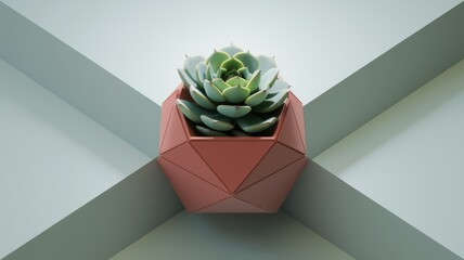 Poster - A succulent plant in a geometric terracotta pot sits at the intersection of pale green planes.