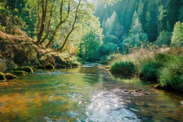 Poster - Sunlit river flows through lush green forest, reflecting sunlight on its tranquil surface.