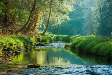 Poster - Serene stream flows through lush green forest, sunlit banks, tranquil scene.